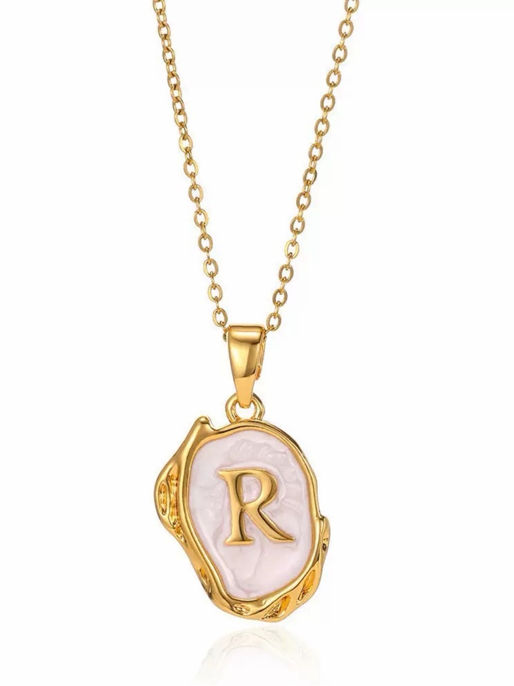 Gold Plated Initial R Pendant Necklace Adjustable Chain Pearl Shell Look